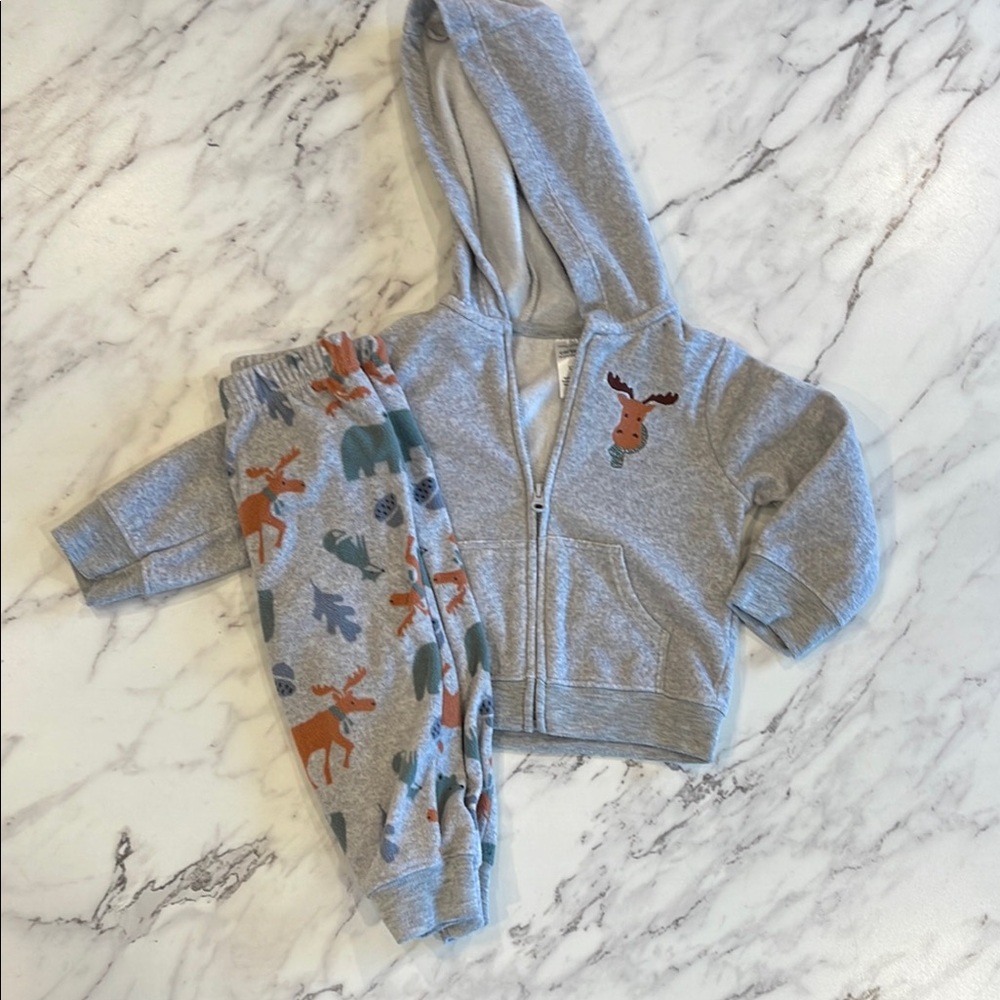 Gray Fleece Hoodie and Pants Set with Animal Print